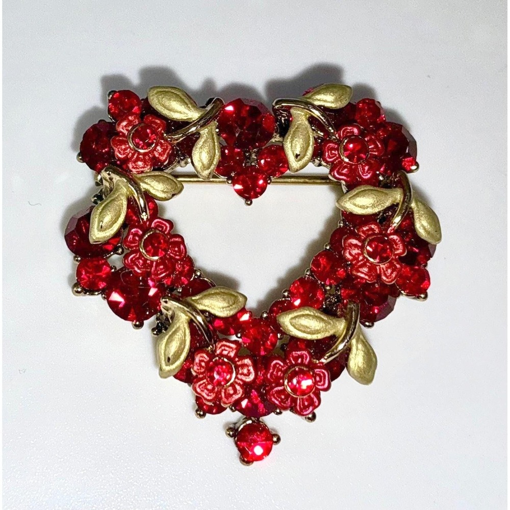 Vintage Red Rhinestone Floral Heart Brooch Gold Tone Flower‎ Valentine Pin